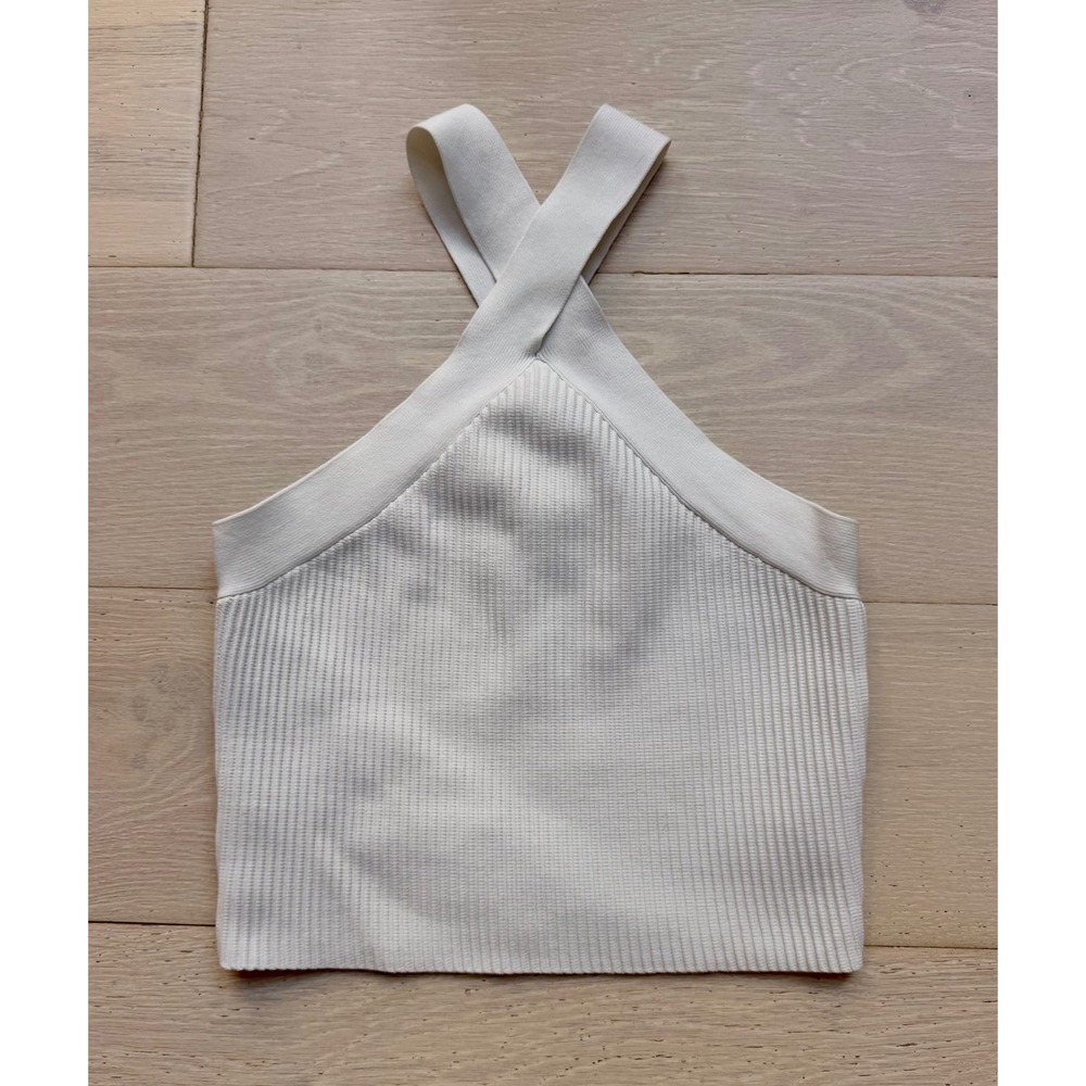 Forever 21 Cream Ribbed Halter Crop Top Women Medium Y2K Minimalist Neutral Tank